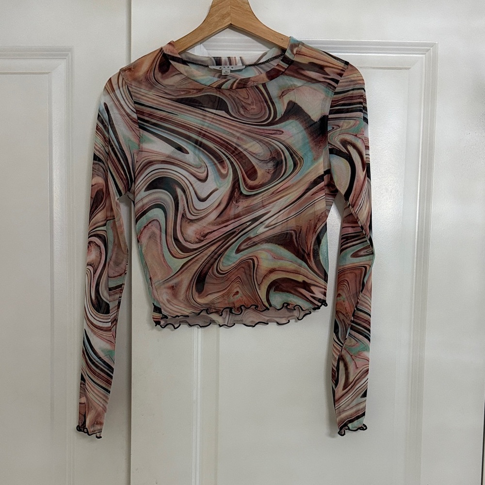 Gaze Swirl Pattern Crop Top - Brown, Cream, Black